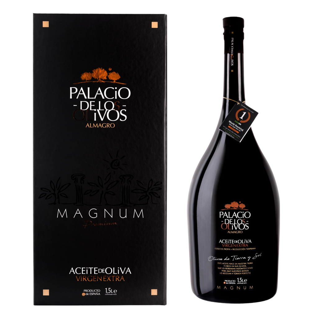 Palacio de Los Olivos EVOO Magnum Gift Case closed front view, black box with orange details  and front view of the EVOO magnun bottle