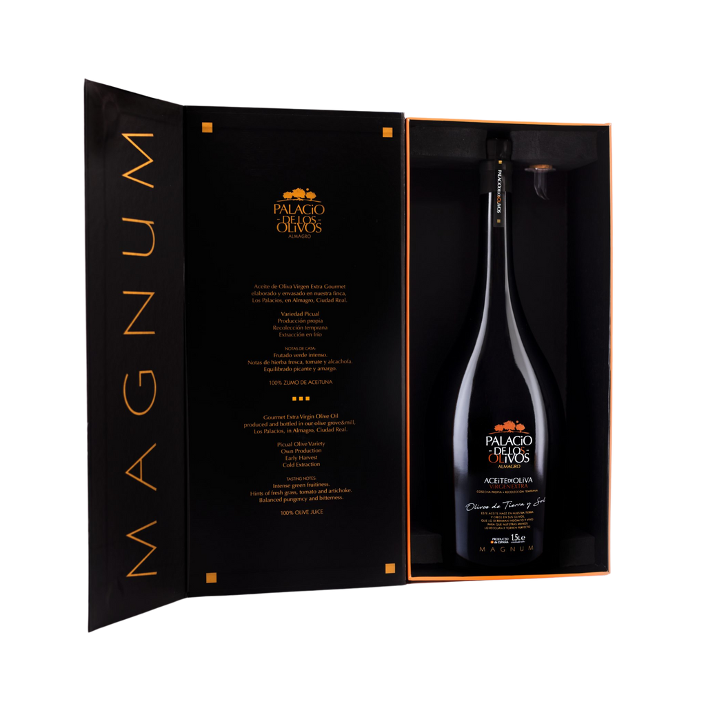 Palacio de Los Olivos EVOO Magnum Gift Case open showing the 1.5 l black bottle in black box with orange details 