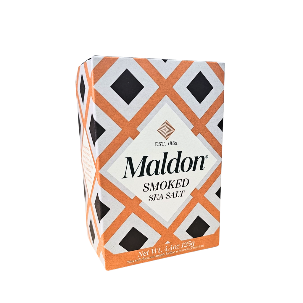 Maldon Smoked Sea Salt The Original Brown and orange geometric design box side view