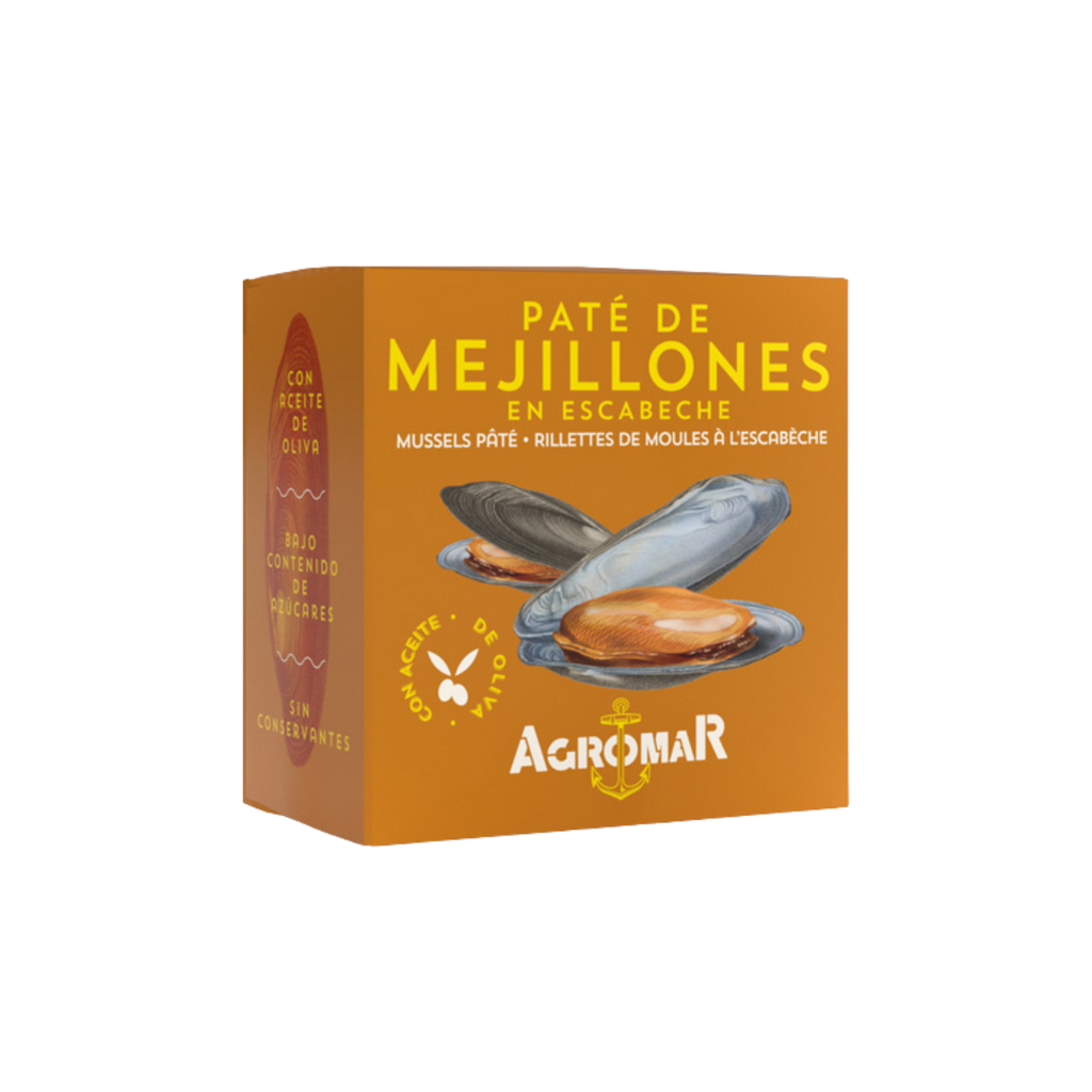 Mussels Pate Agromar orange Box with mussles on the image and with olive oil icon
