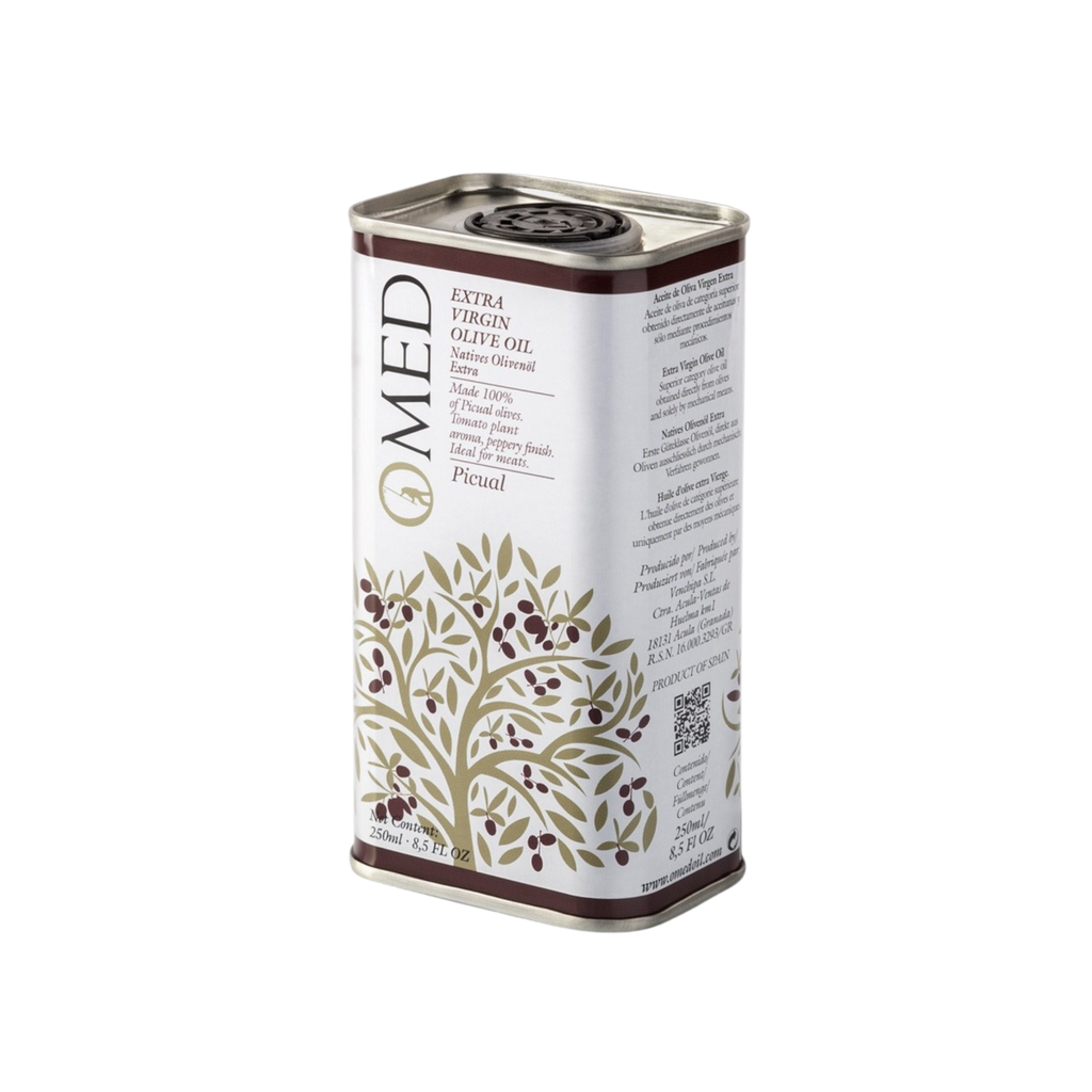 Extra Virgin Olive oil Picual tin with 'O-MED' branding on a white background