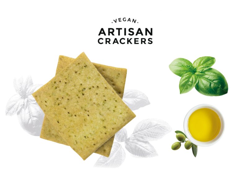 Vegan Traditional Basil Crackers by Paul & Pippa flatlay with basil and a bowl with olive oil