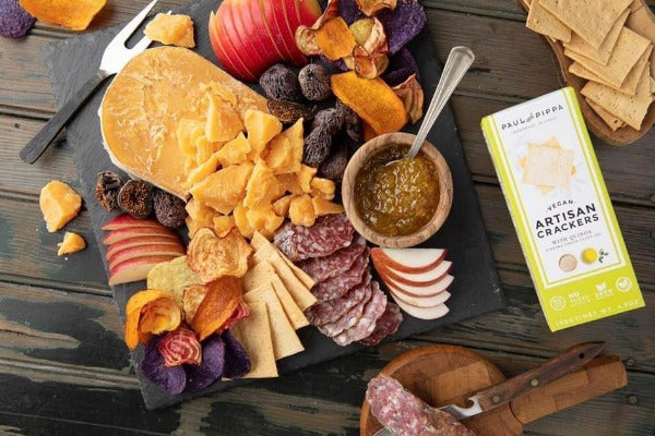 Charcuterie board with Paul and Pippa vegan quinoa crackers