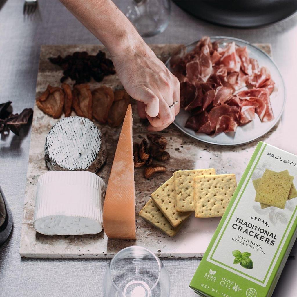 Vegan Traditional Basil Crackers by Paul & Pippa in charcuterie board