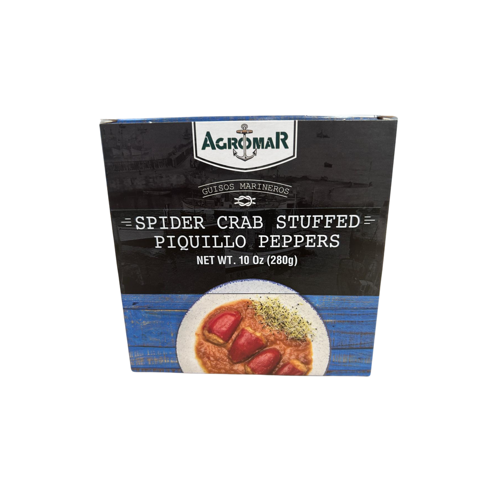 Spider crab stuffed piquillo peppers by Agromar black and blue box with product image and letters and logo un white