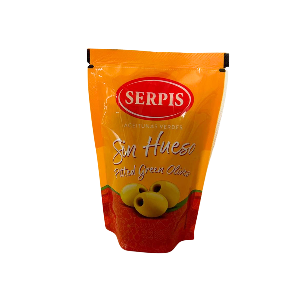 Pitted Manzanilla olives by Serpis snack size pack pouch. Deliberico