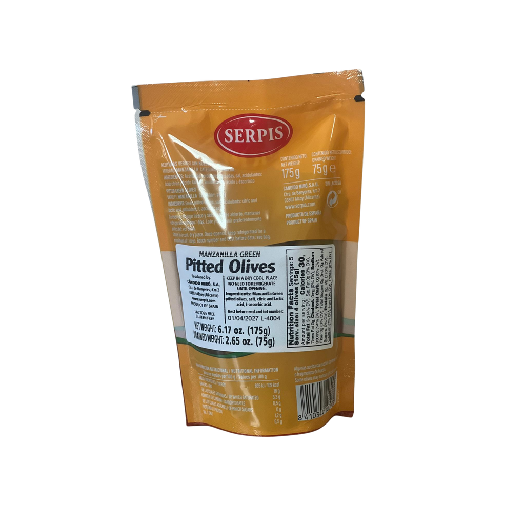 Pitted Manzanilla olives by Serpis snack size pack pouch back 