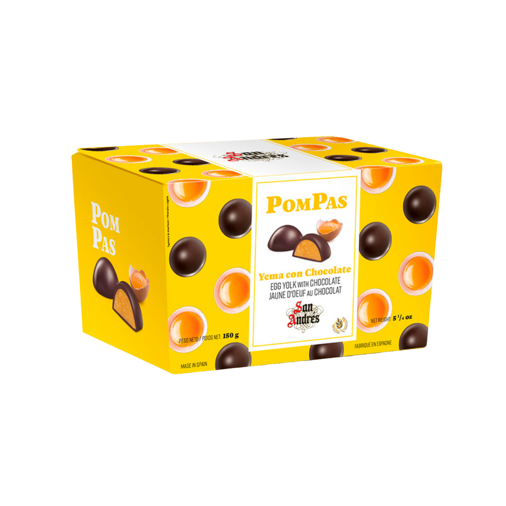 Box of chocolate candies filled with yolk with a yellow and white design box on a tranparent background