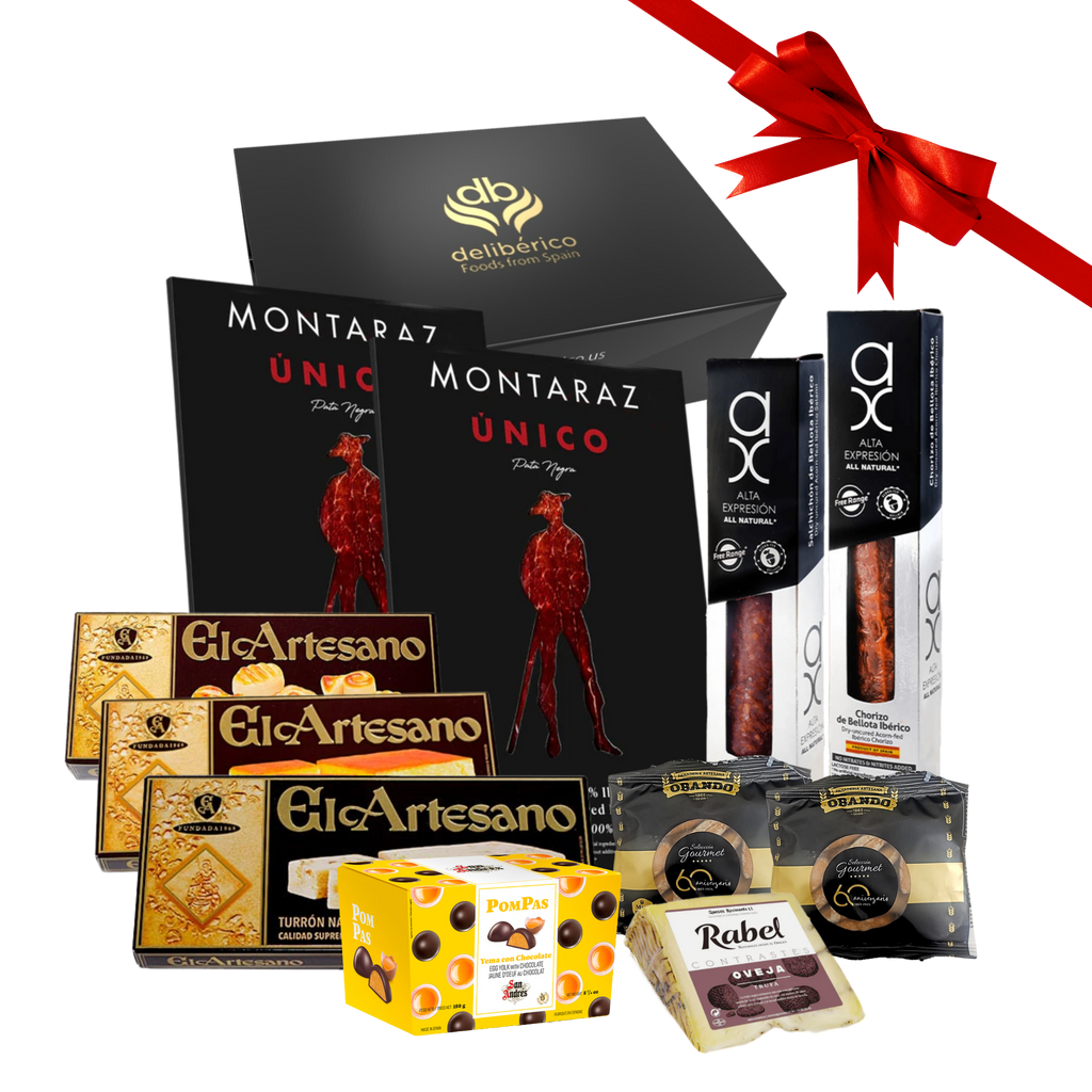 Deliberico's Rocking Around Gift Box featuring iberico ham , chorizo and salchichon, cheese and breadsticks, and delicious sweet selection , all in a premium black and gold gift box