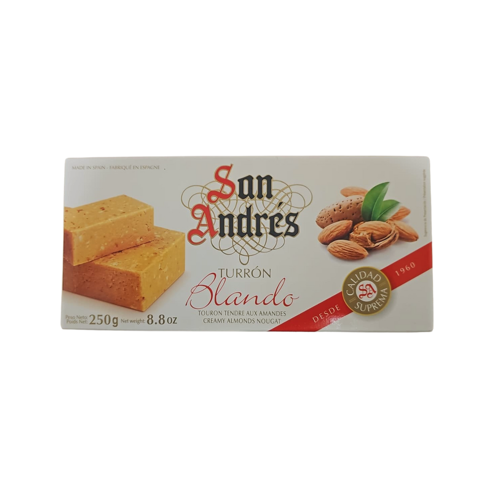 Box of San Andres Turrón Blando Soft Almond Nougat on a white background