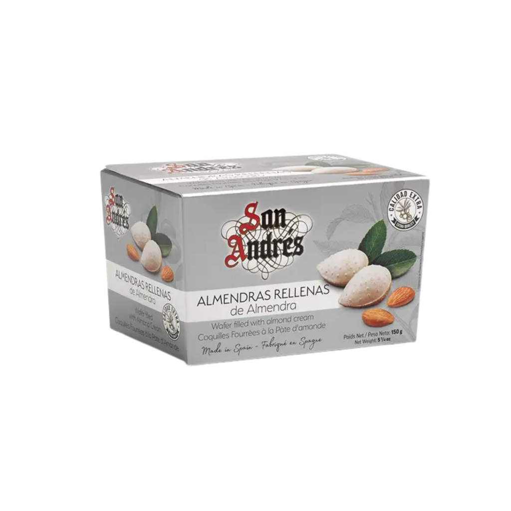 Box of San Andres almonds filled with almond cream on a transparent  background