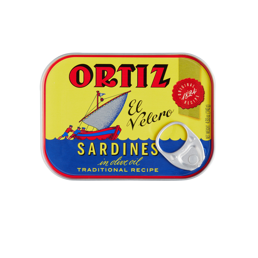 Ortiz Sardines in Olive Oil Traditional Recipe in the classic yellow, blue and red design with El Velero image