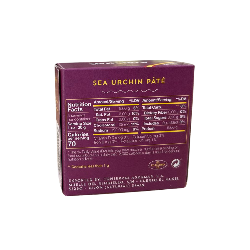 Sea Urchin Pate maroon back box with nutrition facts info by Agromar