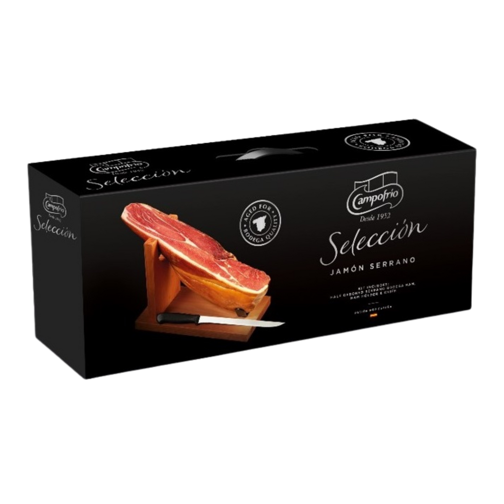 Black packaging of Campofrio Seleccion Jamón Serrano set with half ham, a ham holder and knife on a transparent background