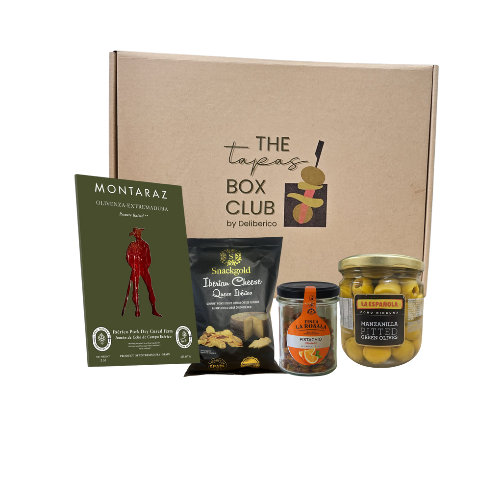 The Tapas Box Club by Deliberco with The southern tapas box including iberico ham, potato chips, olives and pistacchios.
