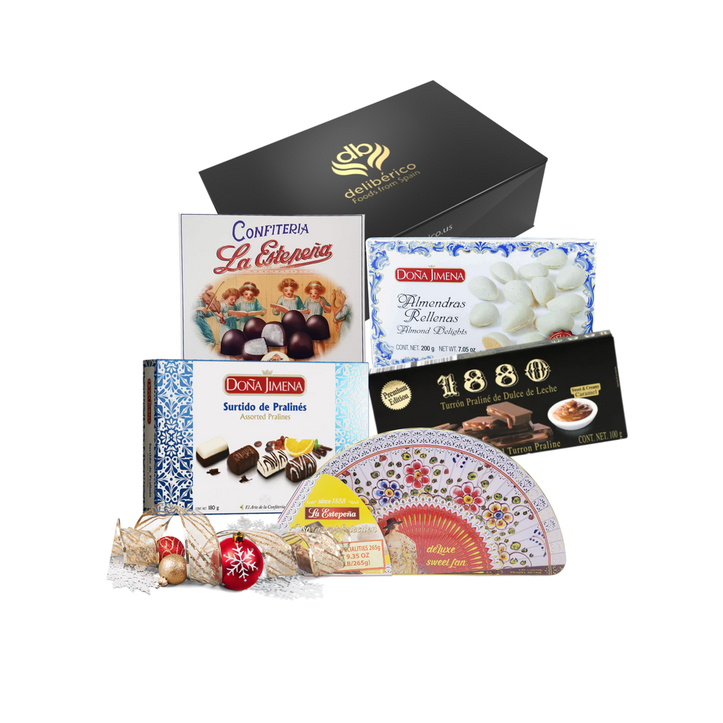 Jolly Sweets Box by Deliberico: A luxurious collection of chocolate pralines, caramel turrón, almond delights, coconut balls, and more festive treats. 