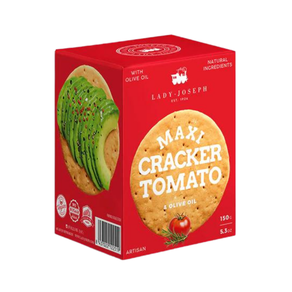 Tomato and olive oil Maxi Cracker inred box by Lady Joseph