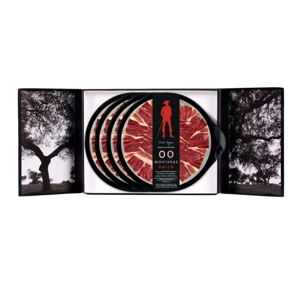 Montaraz Unico Plate Black gift Box with four plates of Unico Iberico Ham 