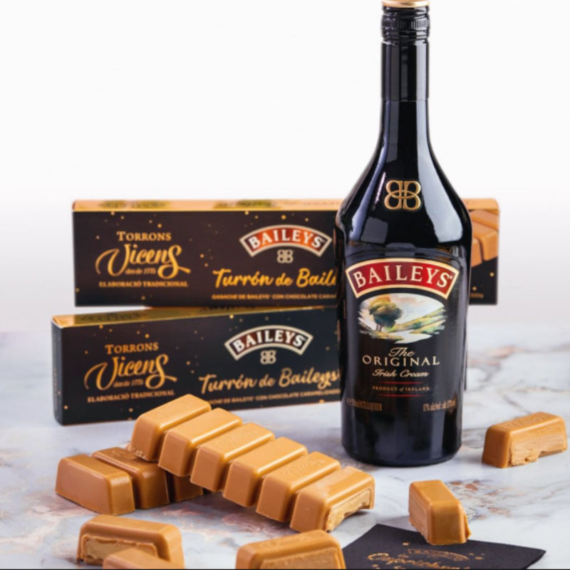 Baileys Nougat by Torrons Vicens black and gold box with product and a baileys bottle