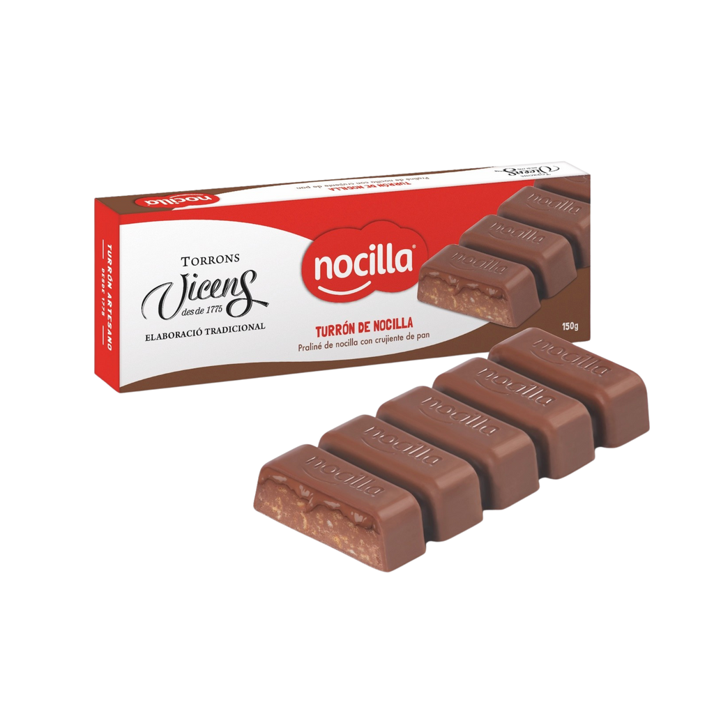 Box of Nocilla chocolate nougat with visible Nocilla and Vicens branding on a white background