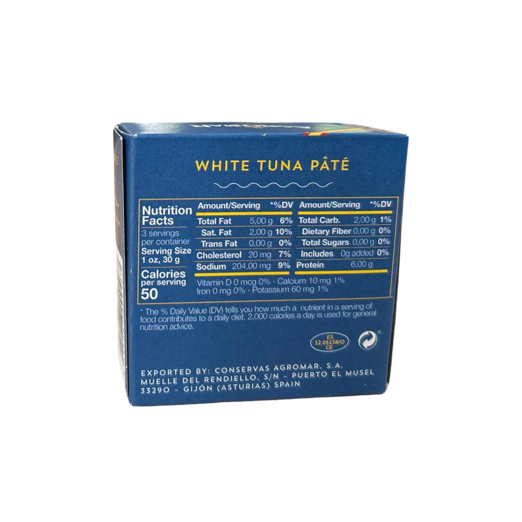 white tuna pate blue box back with nutrition facts info by agromar