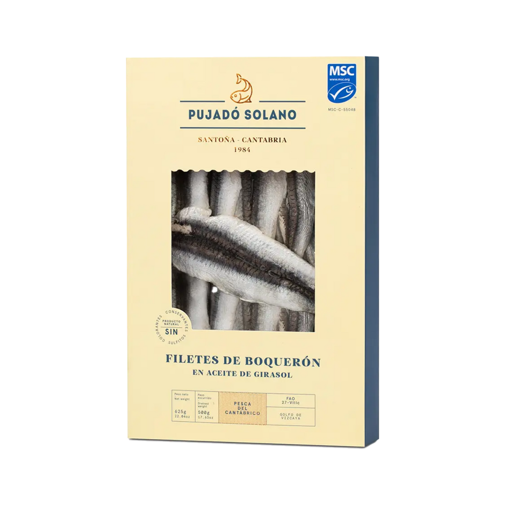 White Cantabrian Anchovies marinated in sunflower oil by Pujado Solano 22oz tray package