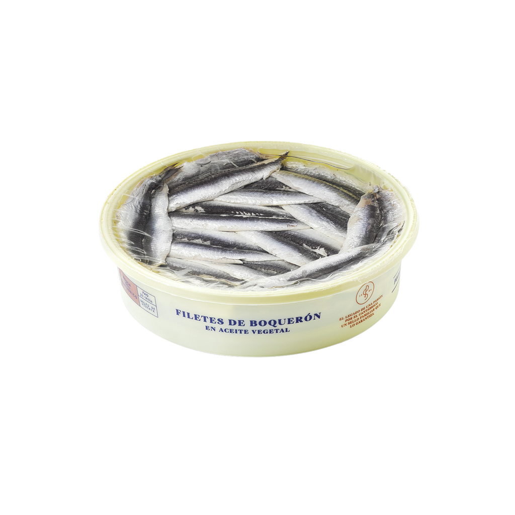 White Cantabrian Anchovies marinated in sunflower oil by Pujado Solano 700gr round tray