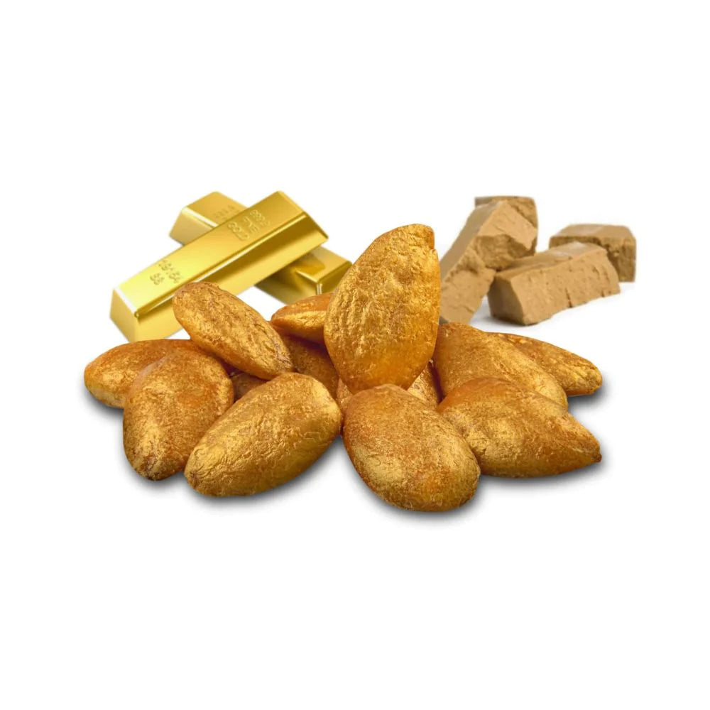 gold almonds with nougat pieces and gold bars
