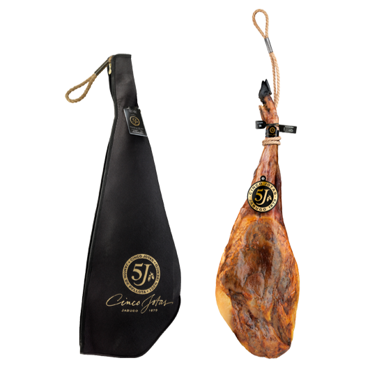 Acorn-fed 100% Iberico Ham on the right and ham with black cover on the left by Cinco Jotas. Deliberico