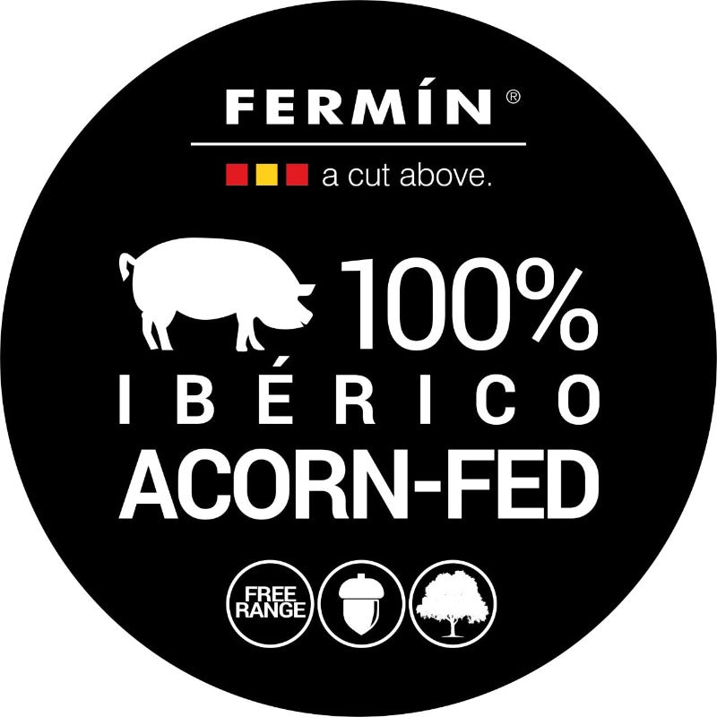 Fermin 100% acorn-fed round black logo. Deliberico
