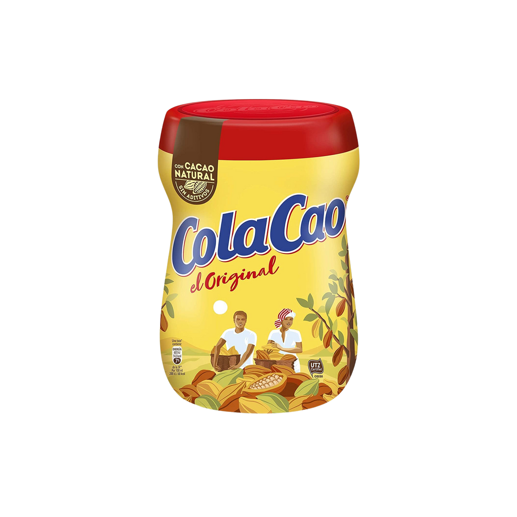 Original Cola Cao Chocolate Drink Mix Original yellow container with red lid. Deliberico