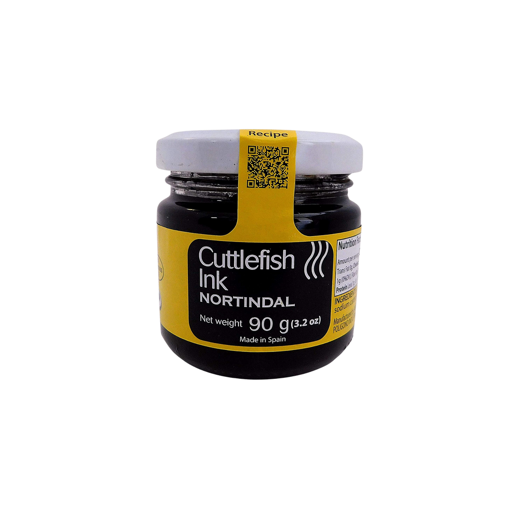 Cuttlefish ink by Nortindal glass jar with yellow and black label. Deliberico