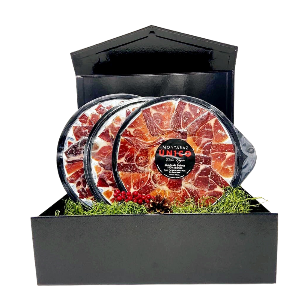 Black Gift box with 3 round packs of iberico ham Unico by Montaraz. Deliberico