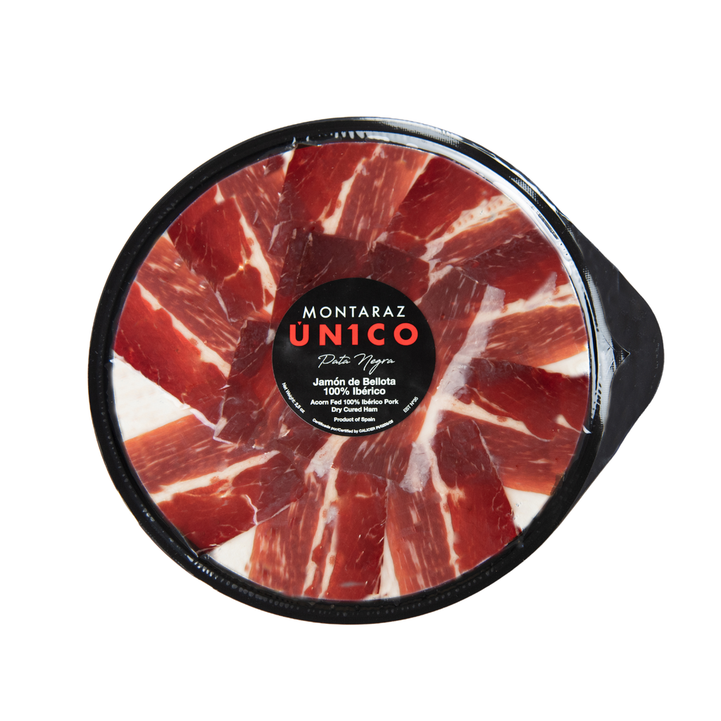 100% Iberico Acorn-fed Ham Hand Carved Style round packaging by Montaraz. Deliberico