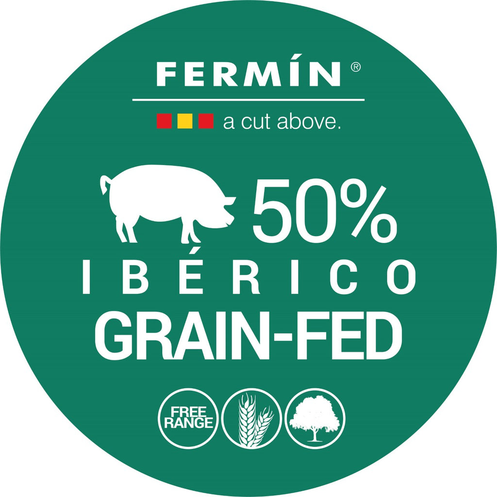 fermin 50% Iberico Grain Fed round green logo. Deliberico