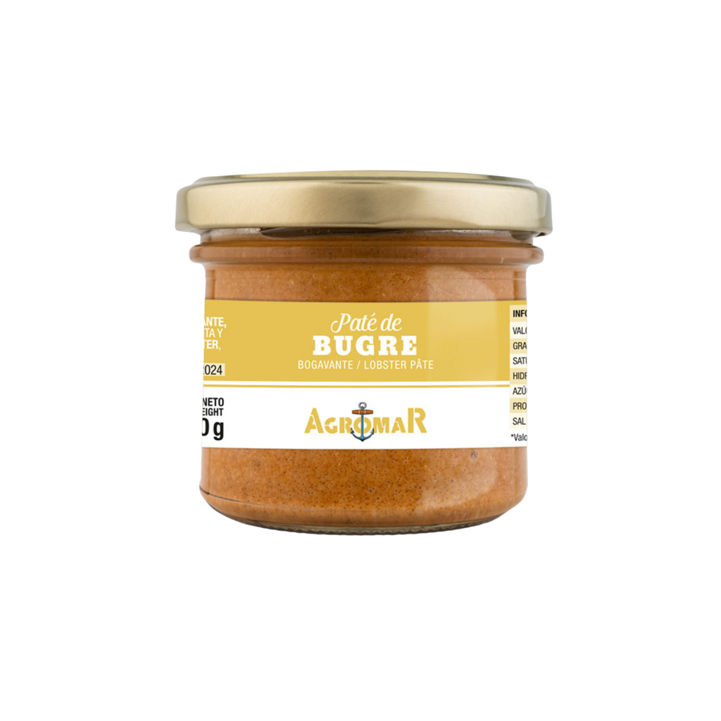 Lobster pate jar  with yellow and white label by Agromar. Deliberico