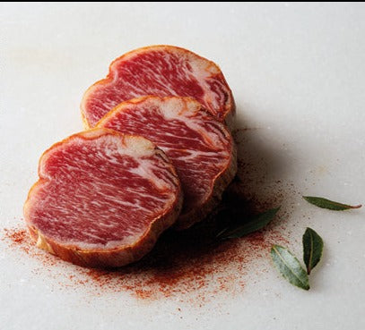 Slices of iberico free range  loin with paprika by Marcos Salamanca. Deliberico