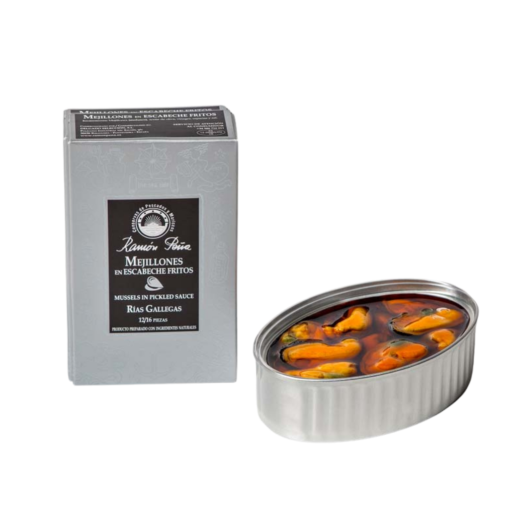 Mussels in Pickled Sauce From Las Rias Gallegas by Ramon Peña silver box next to opened can. Deliberico