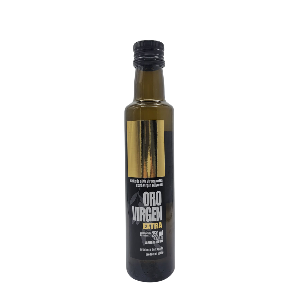 Oro Virgen Extra Virgin Olive Oil black bottle and gold and white label. Deliberico