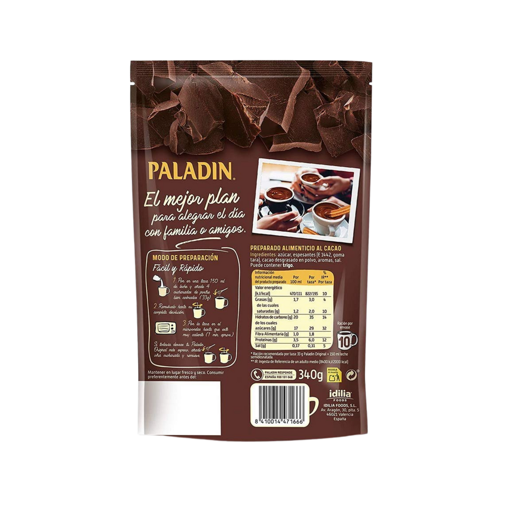 Hot Chocolate Mix by Paladin classic chocolate a la taza one minute package back. Deliberico