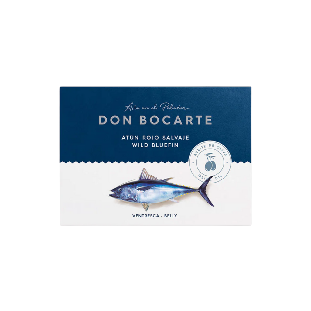 Wild Red Tuna Belly by Don Bocarte blue and white box with a red tuna image. Deliberico