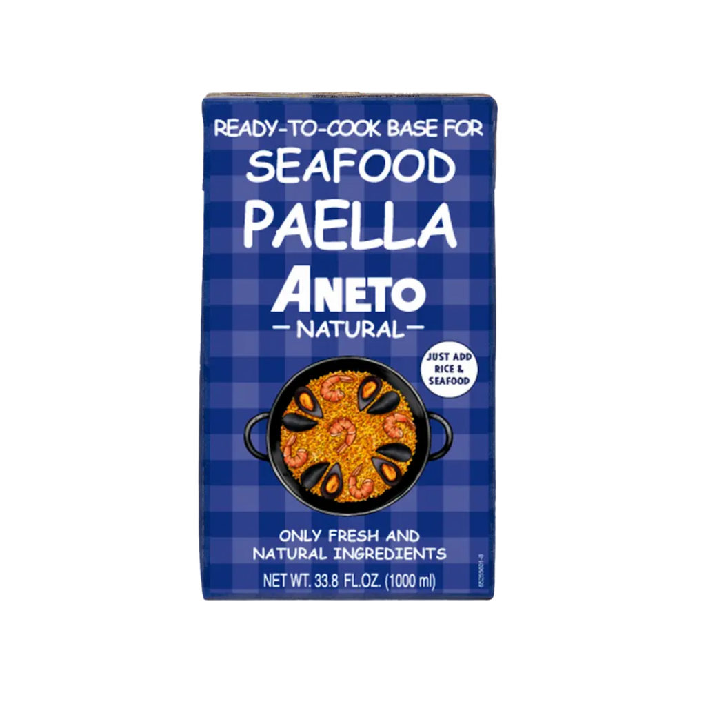 Seafood paella ready to cook base broth  dark blue gingham by Aneto tetrapack. Deliberico