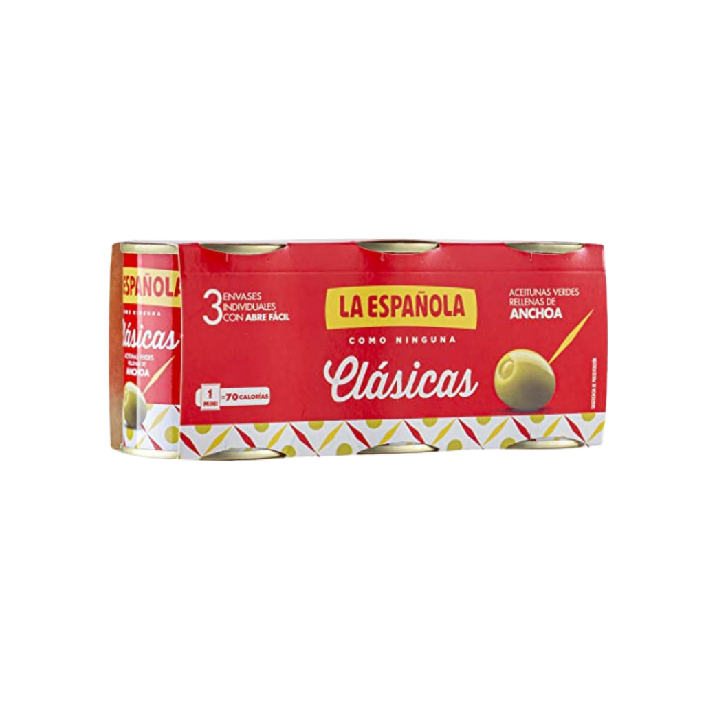 Anchovies Stuffed Olives 3 pack mini bar cans red and yellow pack by La Española. Deliberico