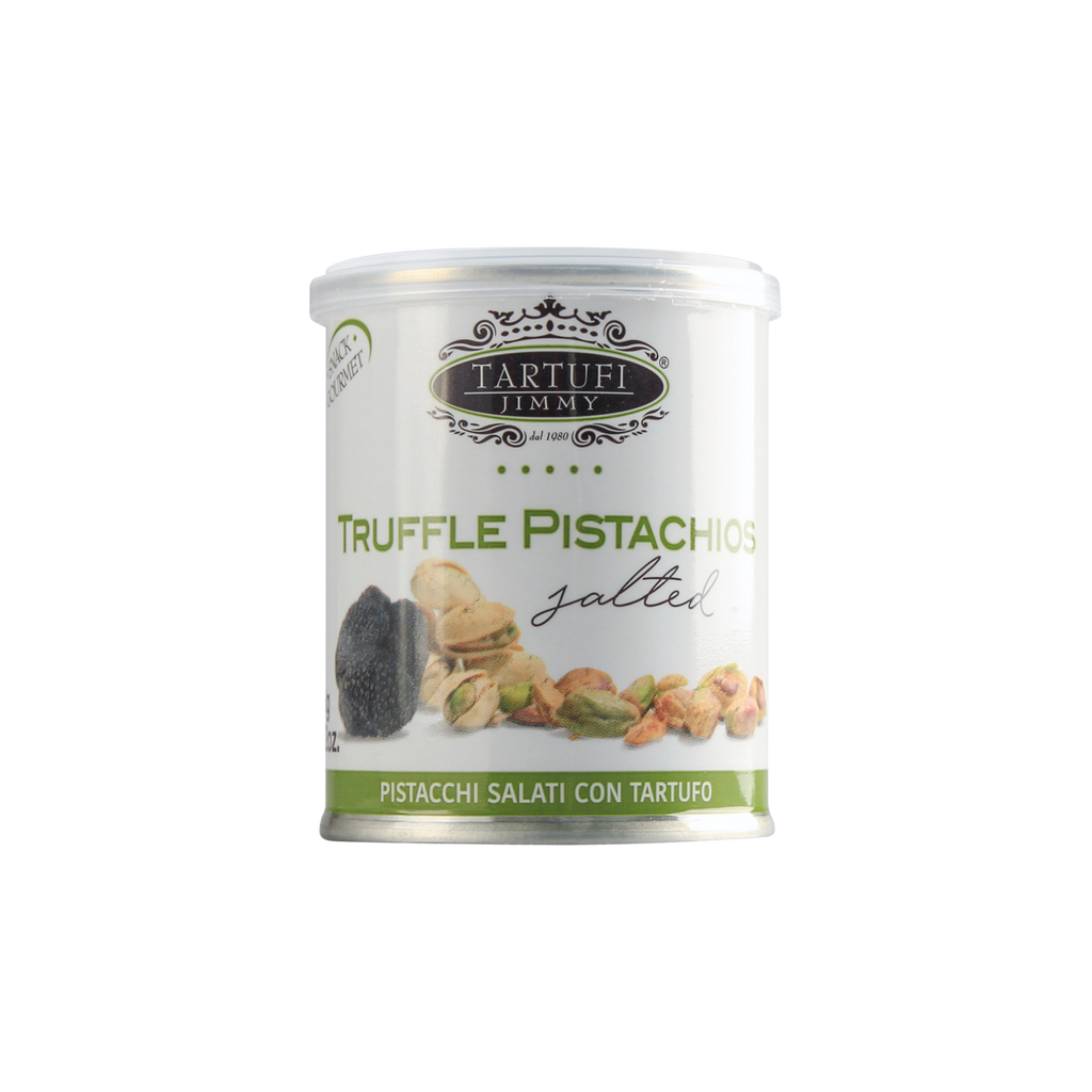 TRuffle pistachios salted by Jimmy Tartufi small white can with pistachios and truffle image on it. Deliberico