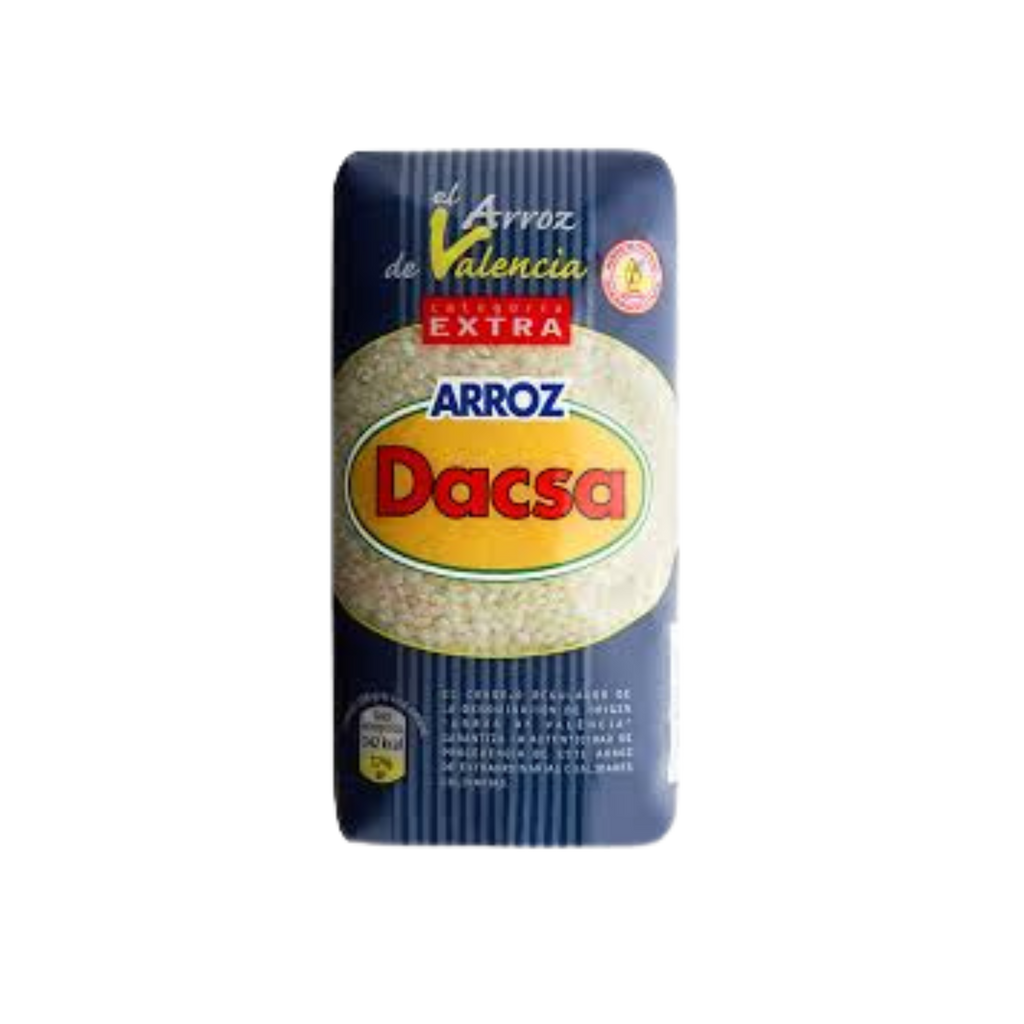 Valencia rice Dacsa blue, red and yellow package with a window to see product. Deliberico