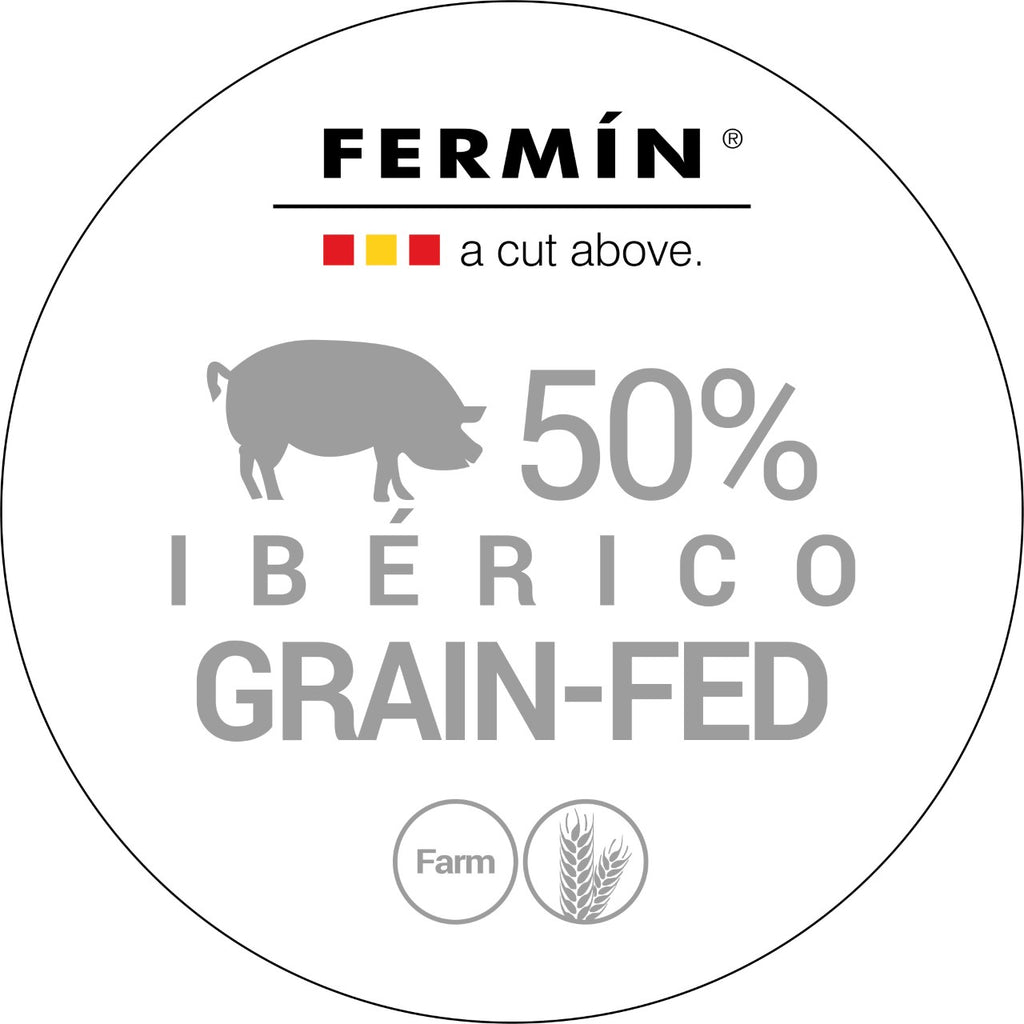Fermin 50% iberico grain fed white logo. Deliberico
