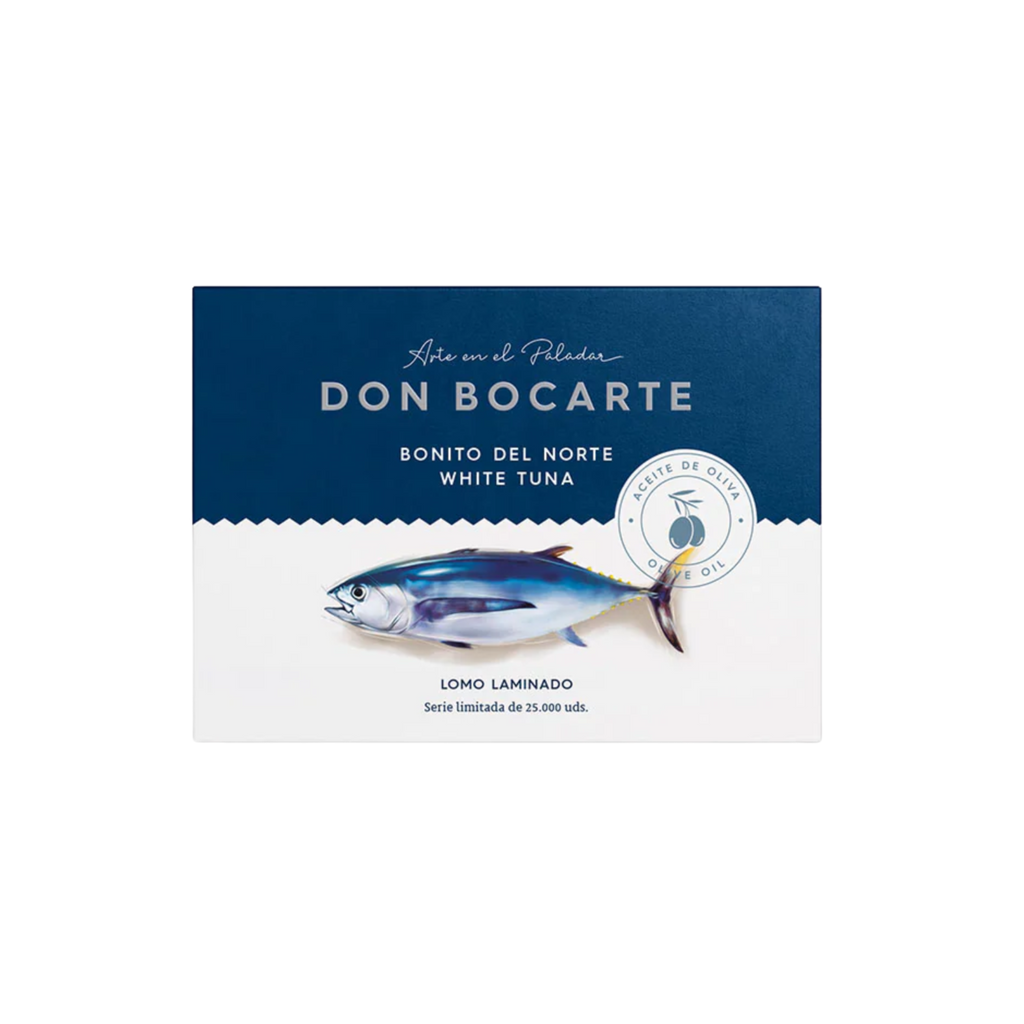 White Tuna in Olive Oil by Don Bocarte in blue and white box with a tuna picture