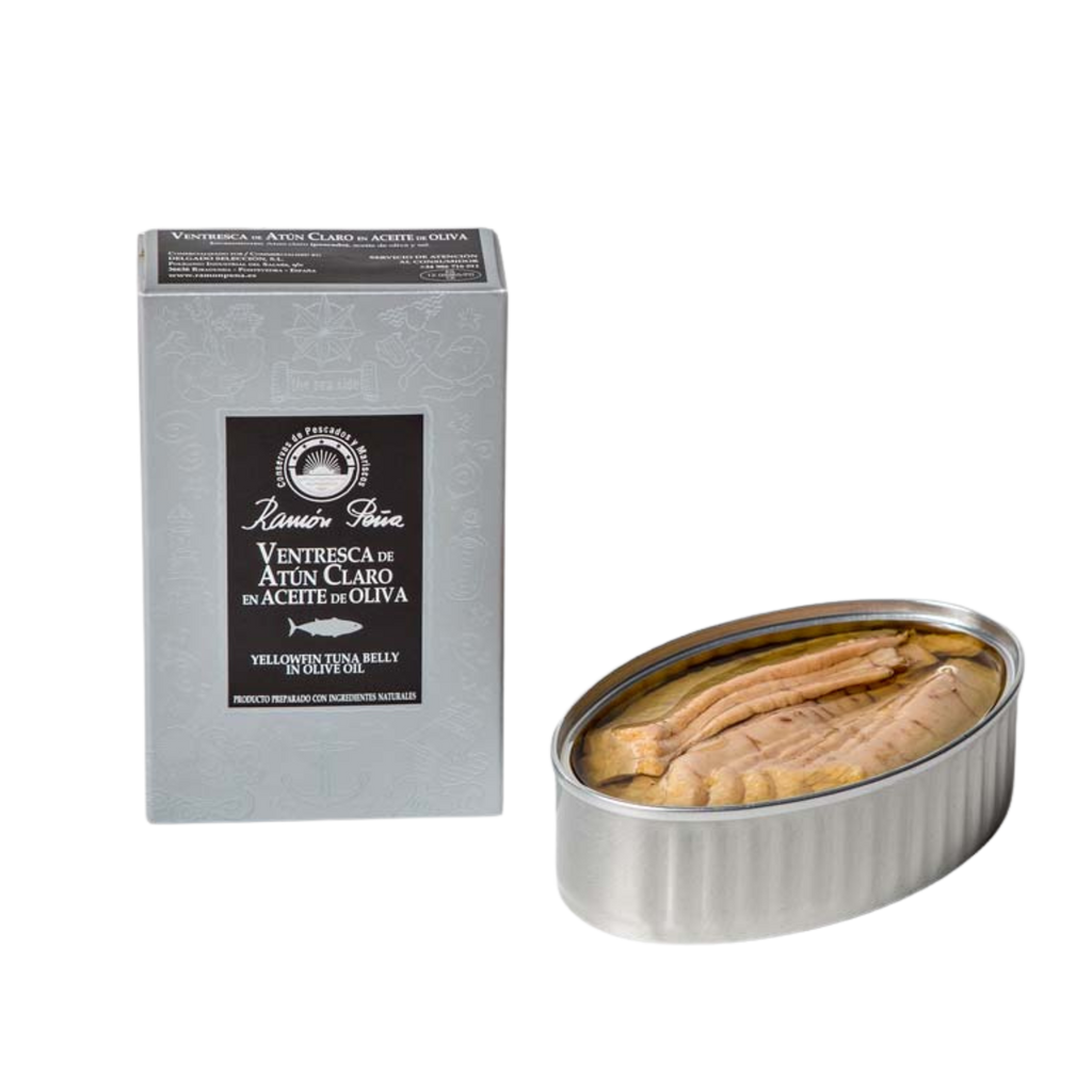 Yellowfin Tuna Belly in Olive Oil by Ramon Peña silver box and open tin with tuna product. Deliberico